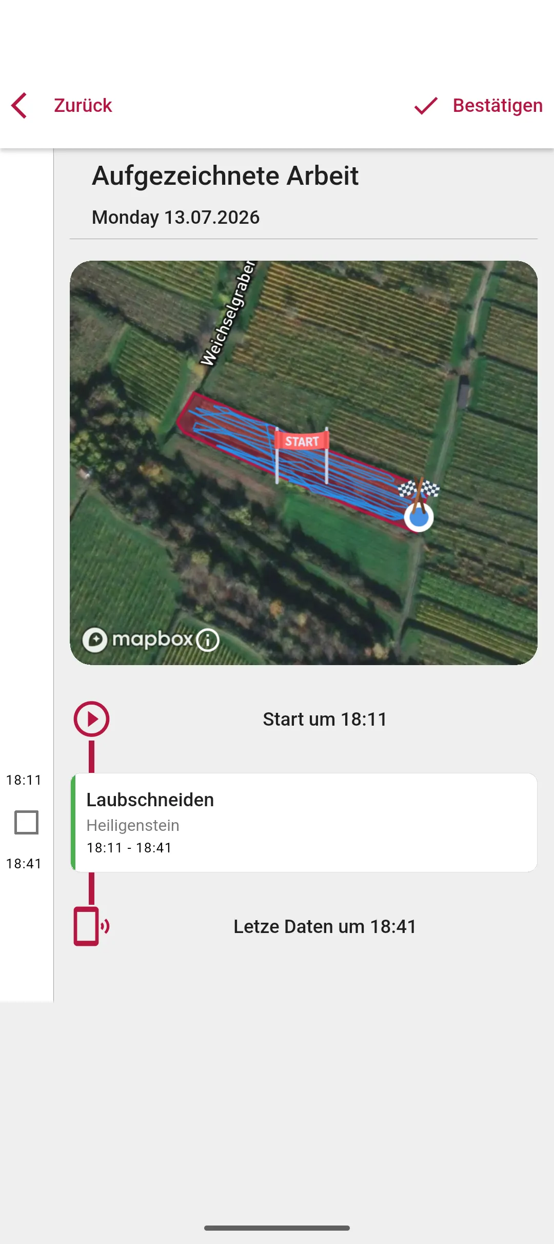 Vinitor App — aufgezeichnete Arbeit als Zeitleiste mit GPS-Strecke, bereit zum Bestätigen