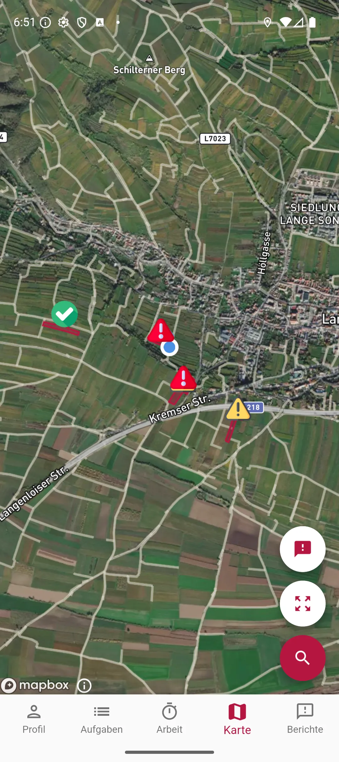 Vinitor App — Schadensmeldungen als Marker auf der Übersichtskarte, neben den Weingärten